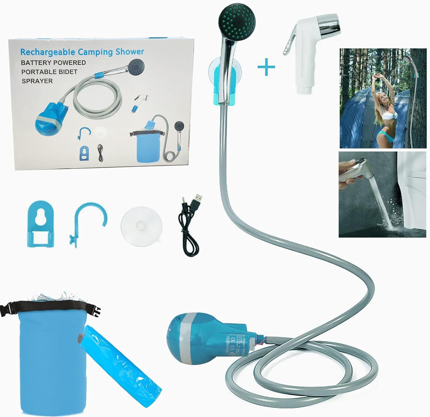 Portable Outdoor Camping Electric Shower with Folding Bucket Kit